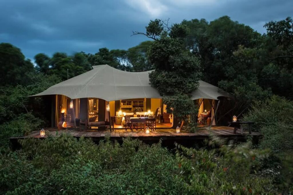 a view of one of the tents for Governors' Camp at night