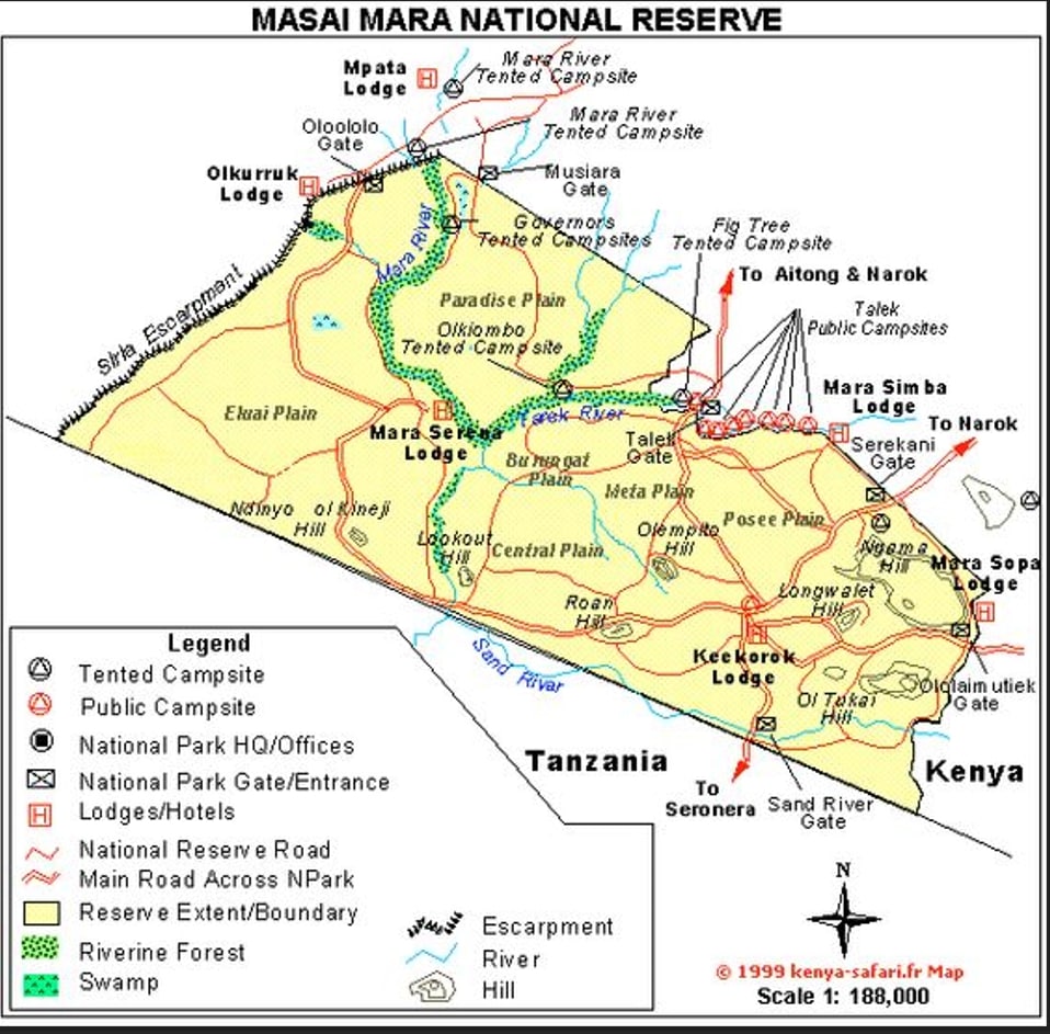 masai mara national reserve map  showing tented camps, lodges, main road, and the gates leading to masai mara