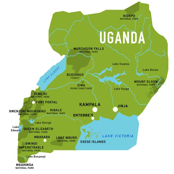 Map of Uganda showing location of it's best tourism destination