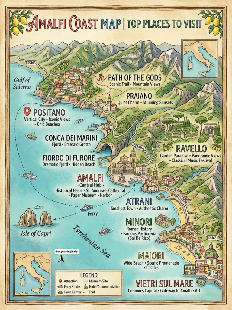 Almalfi coast map with top places to visit