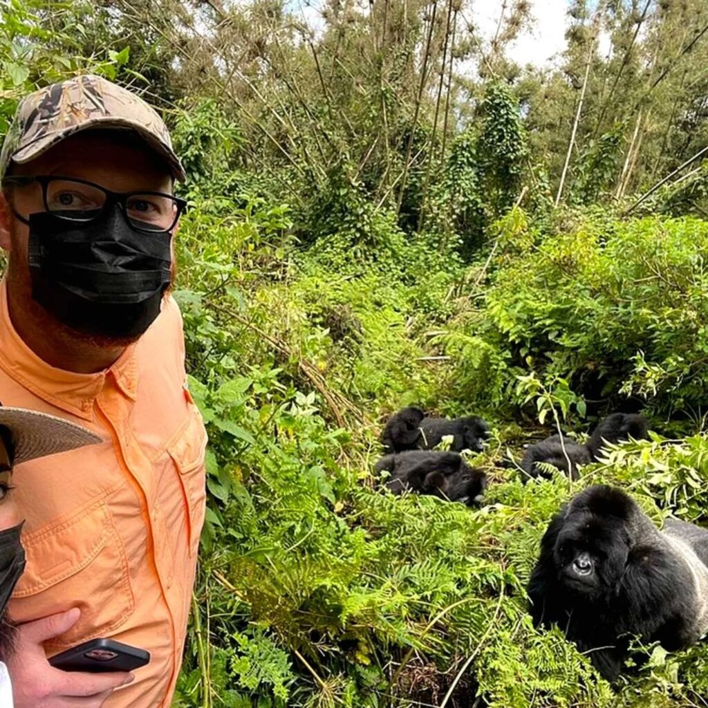 a tourist taking a selfie with some mountain gorillas at Volcanoes National Park where he had gone for gorilla trekking safari