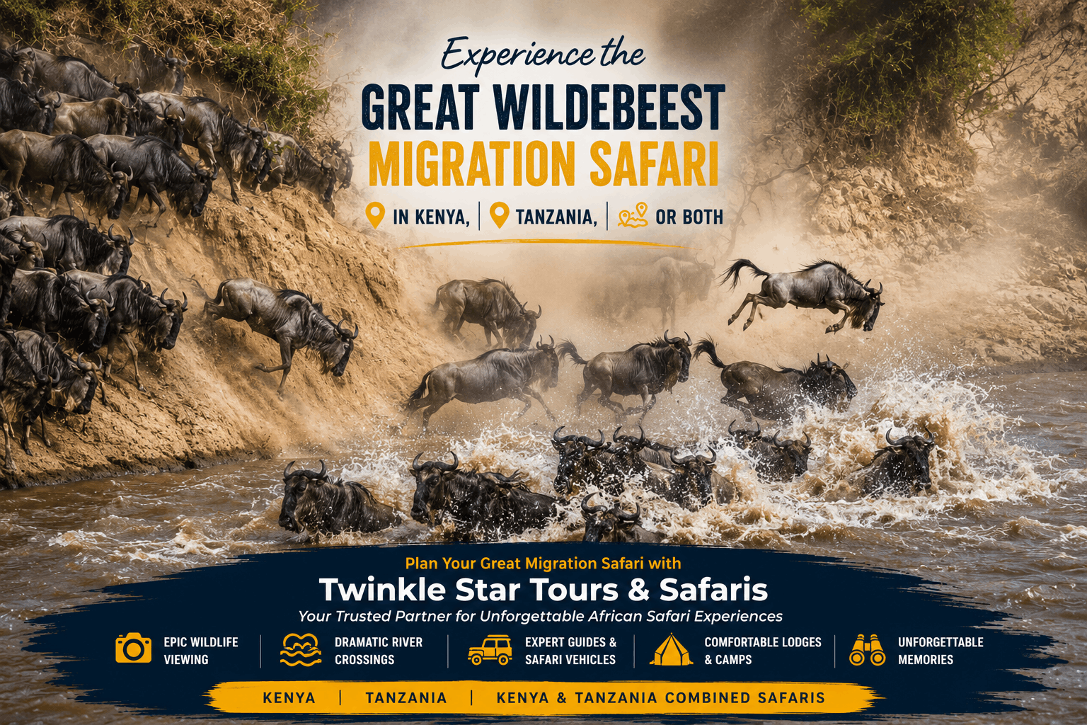 The Great wildebeest migration and dramatic river crossings from Serengeti in Tanzania to Masai Mara in Kenya